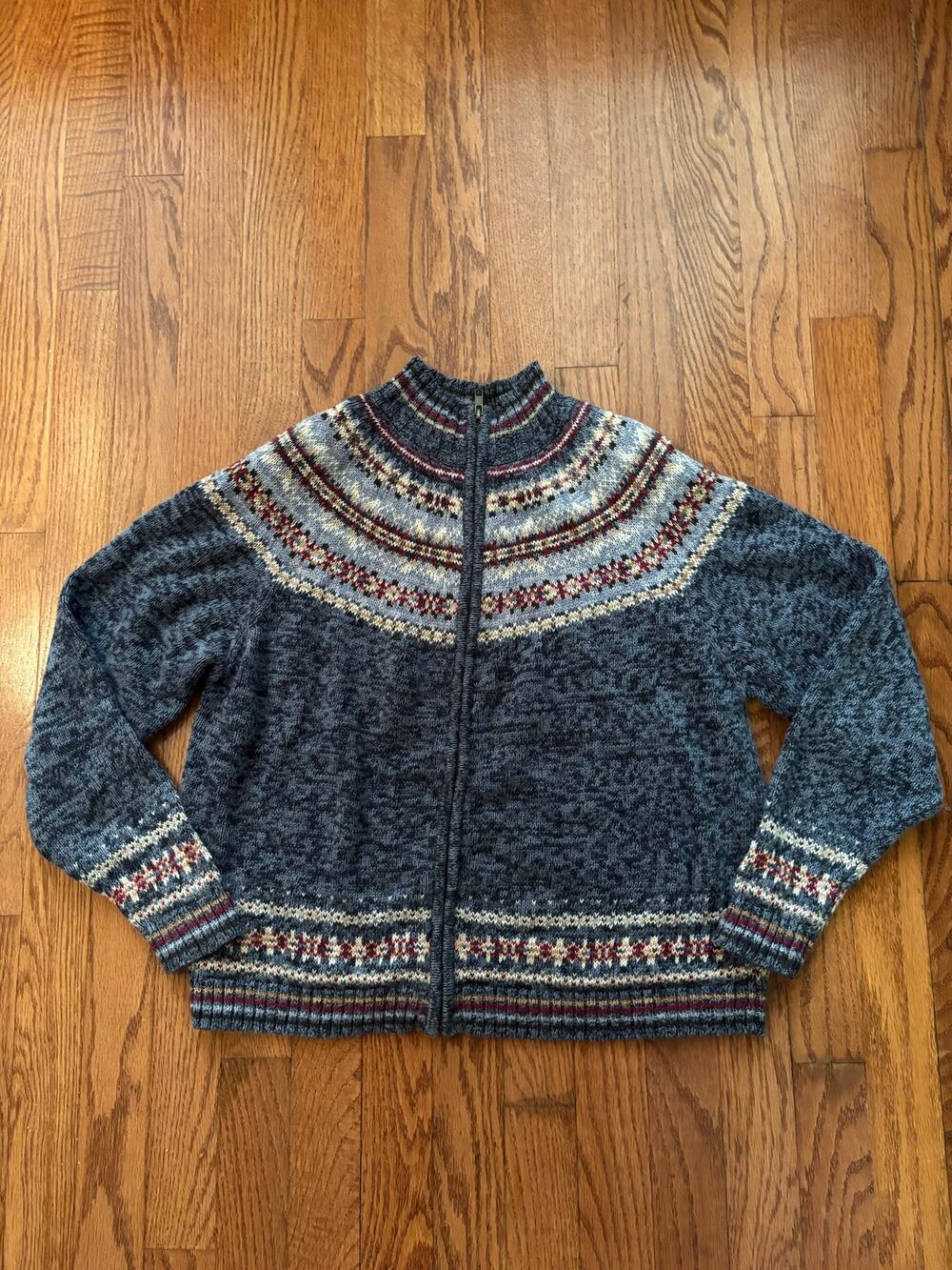 Vintage Mountain Lake Fair Isle Full Zip Nordic Sweater Petite L
